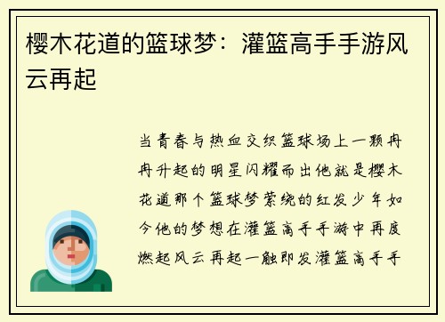 樱木花道的篮球梦：灌篮高手手游风云再起